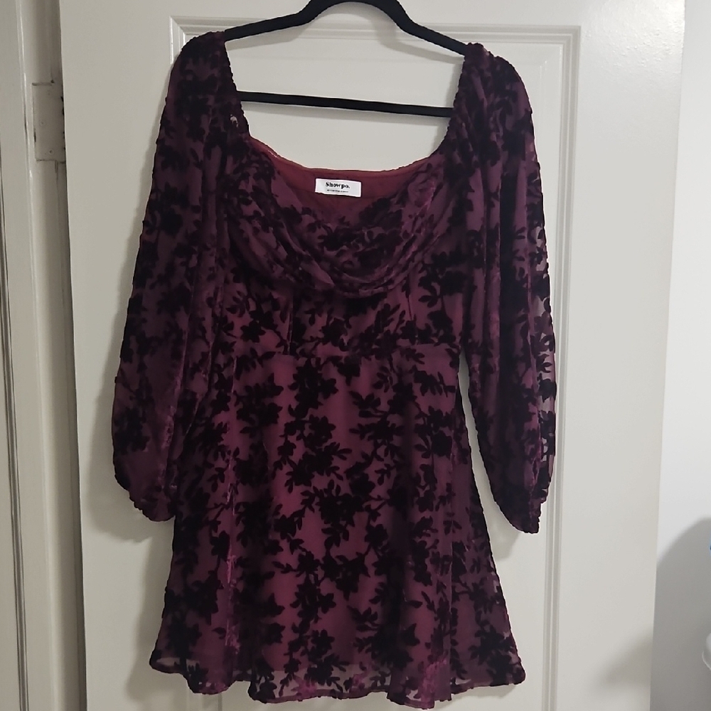 Showpo Wine Burnout Long Sleeve Dress